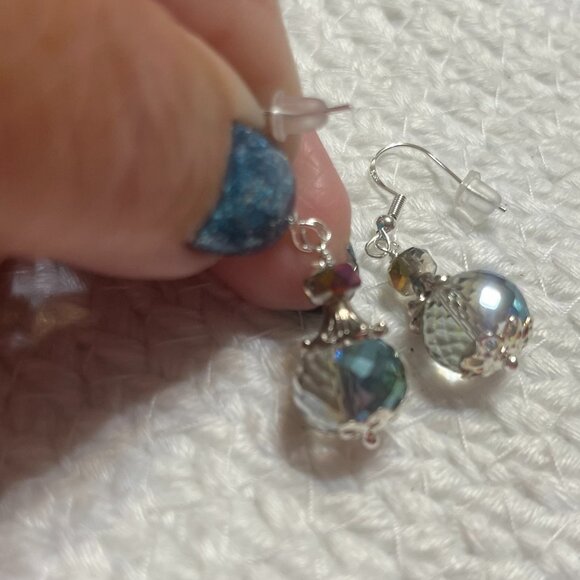 Gorgeous AURORA BOREALIS CRYSTALS with BEAD CAPS Handmade Sterling Earrings 548D - Picture 1 of 3
